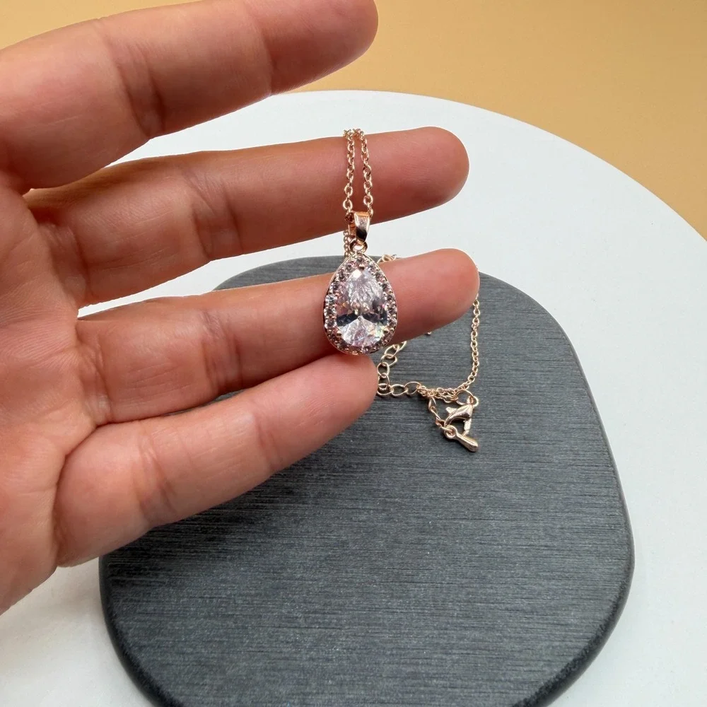 Rose Gold Tone Pear Cut CZ Halo Pendant Necklace Clear Crystal Bridal Jewelry